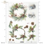 Papier ryżowy ITD Collection R2441, A4 - wianek z szyszkami, widoczki zimowe