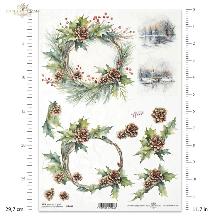 Papier ryżowy ITD Collection R2441, A4 - wianek z szyszkami, widoczki zimowe