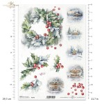 Papier ryżowy ITD Collection R2440, A4 - wianki z ostrokrzewu, zimowe widoki z karuzelą