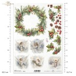 Papier ryżowy ITD Collection R2439, A4 - wianek z szyszkami i ostrokrzewem, anioły