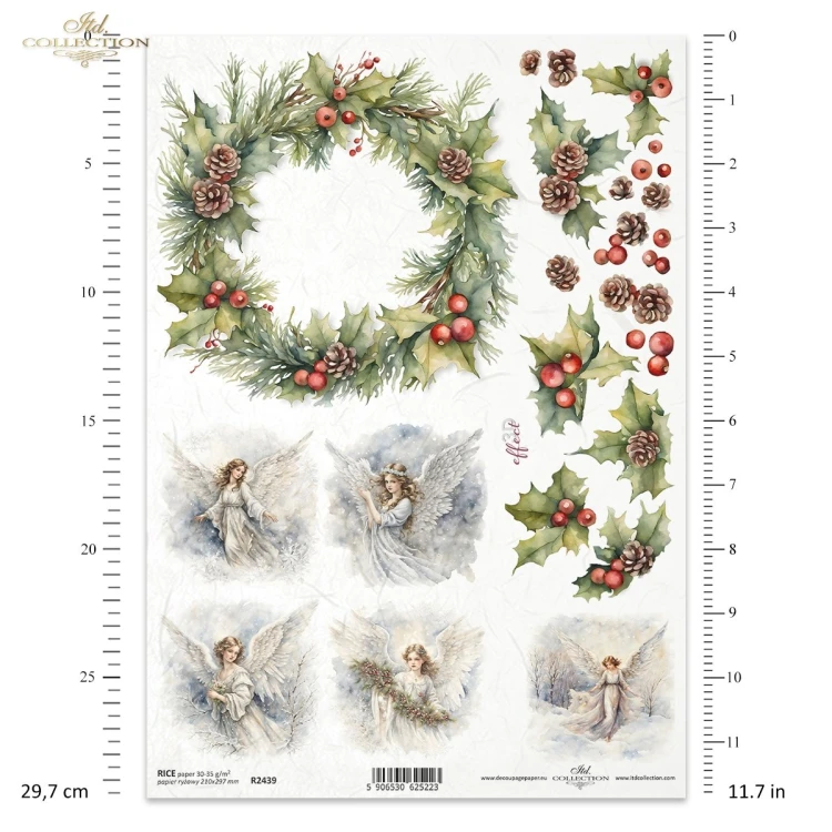 Papier ryżowy ITD Collection R2439, A4 - wianek z szyszkami i ostrokrzewem, anioły