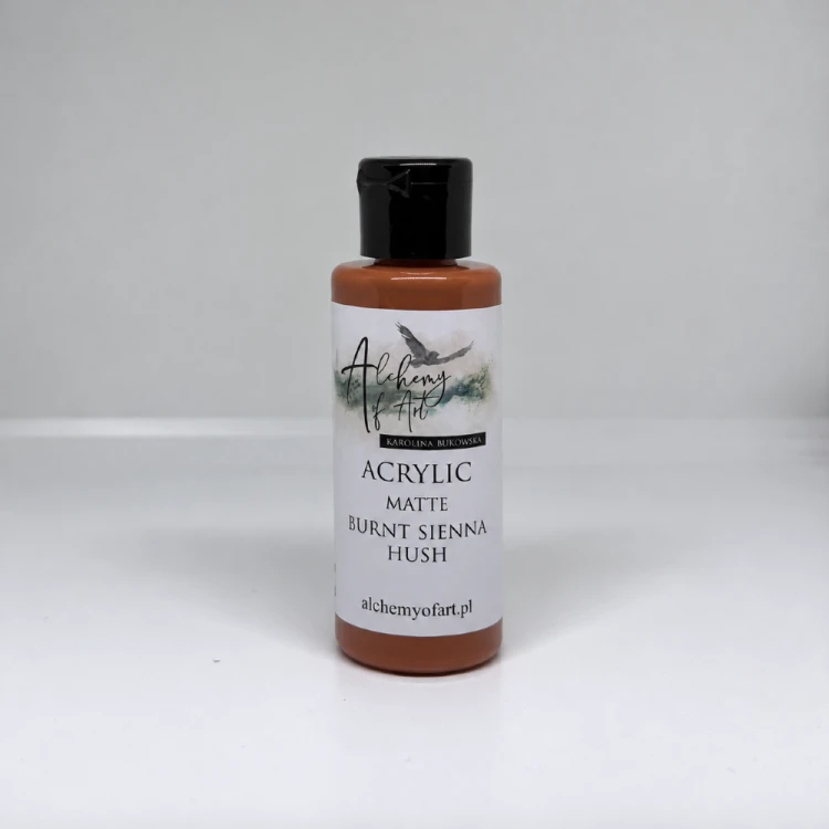 Farba akrylowa marki Alchemy of Art, Karolina Bukowska. Pojemność 60 ml, kolor Burnt Sienna Hush, matowa. Idealna do decoupage, mixmedia i projektów handmade.